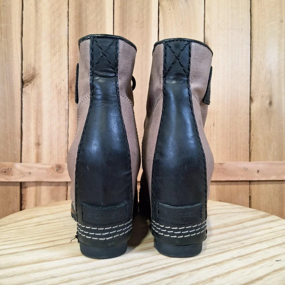 Sorel PDX Wedge Boots Womens 9 Beige Canvas Leather Lace Up‎ Ankle Booties